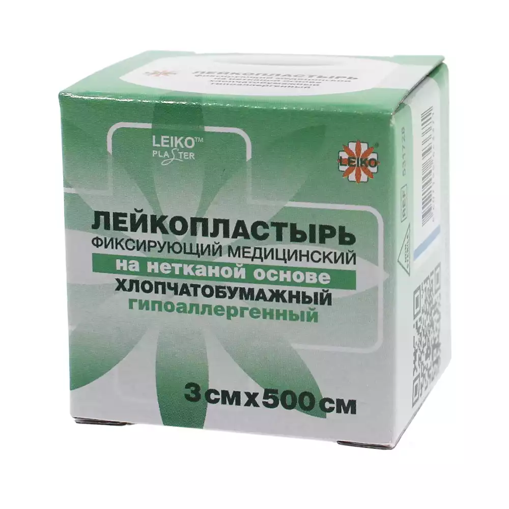 Лейкопластырь LEIKO, на нетканой хлопчатобумажной основе,фиксирующий, размер 3см*500см, гипоаллергенный, катушка в картонной коробке