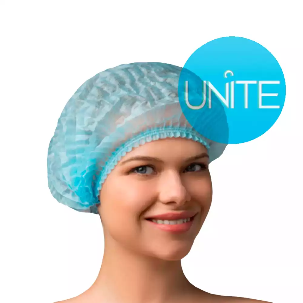 Шапочка Шарлотта (клип) Unite, материал СМС 12г/м2, двойная резинка, длина 48см, нестерильная, голубая