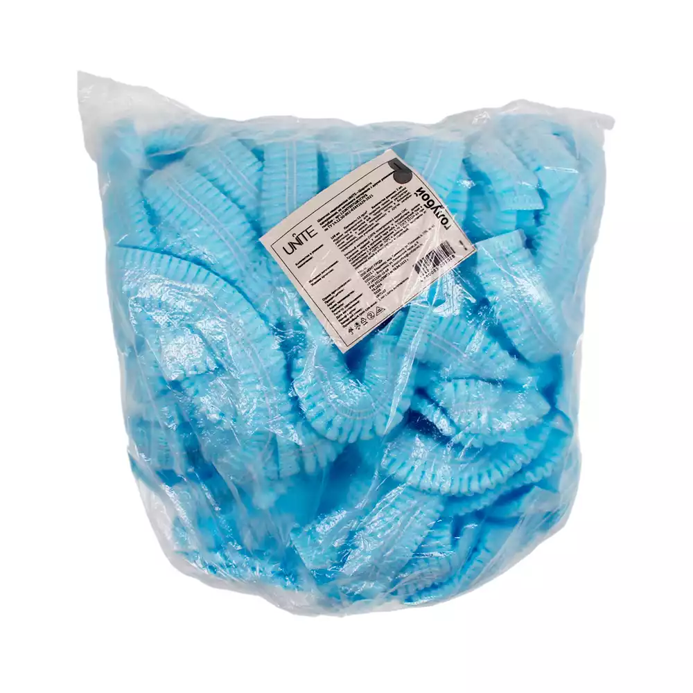 Шапочка Шарлотта (клип) Unite, материал СМС 15г/м2, двойная резинка, длина 48см, нестерильная, голубая