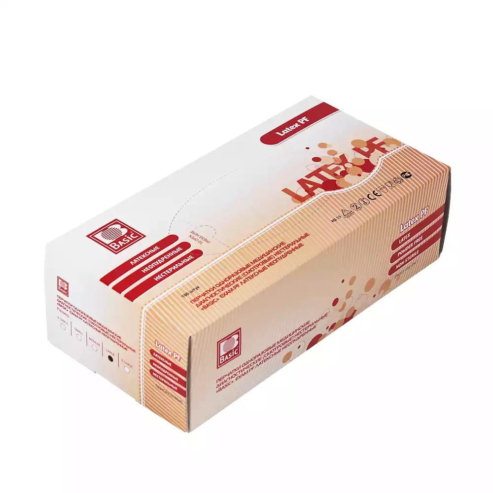 Перчатки BASIC EXAM PF, размер L, латексные, неопудренные, текстурированные, нестерильные, упаковка 50 пар