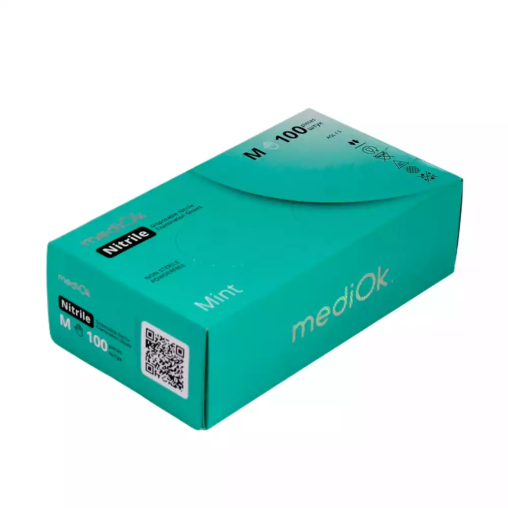 Перчатки mediOk Mint, размер M, нитриловые, вес 8,0 г/пара, неопудренные, текстурированные на пальцах, цвет зеленый, нестерильные, упаковка 50 пар