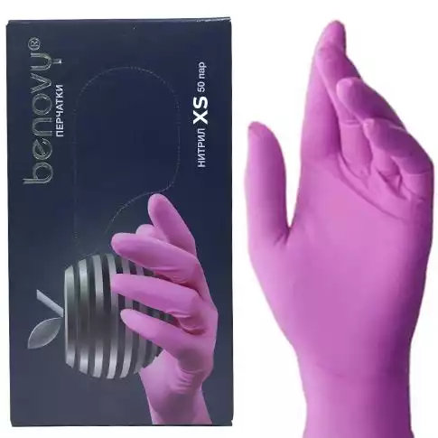 Перчатки смотровые BENOVY нестерильные нитриловые неопудренные размер XS, цвет фуксия (розовый), упаковка 50 пар
