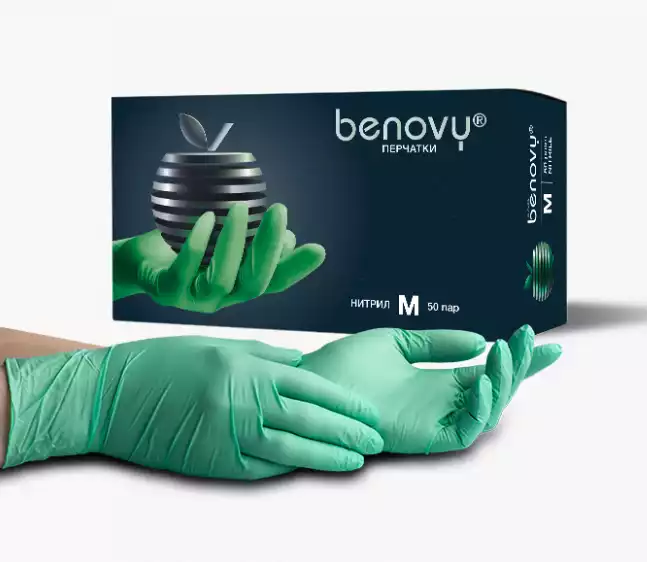 Перчатки смотровые нестерильные нитриловые неопудренные BENOVY р.М цвет зеленый 50 пар/упак